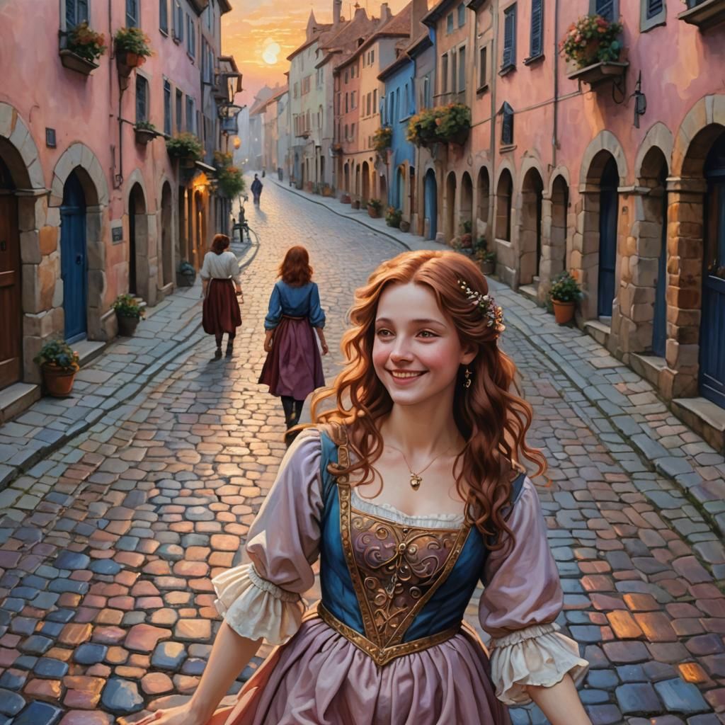 Renaissance Girl on Cobblestone Street in Oil Painting Style