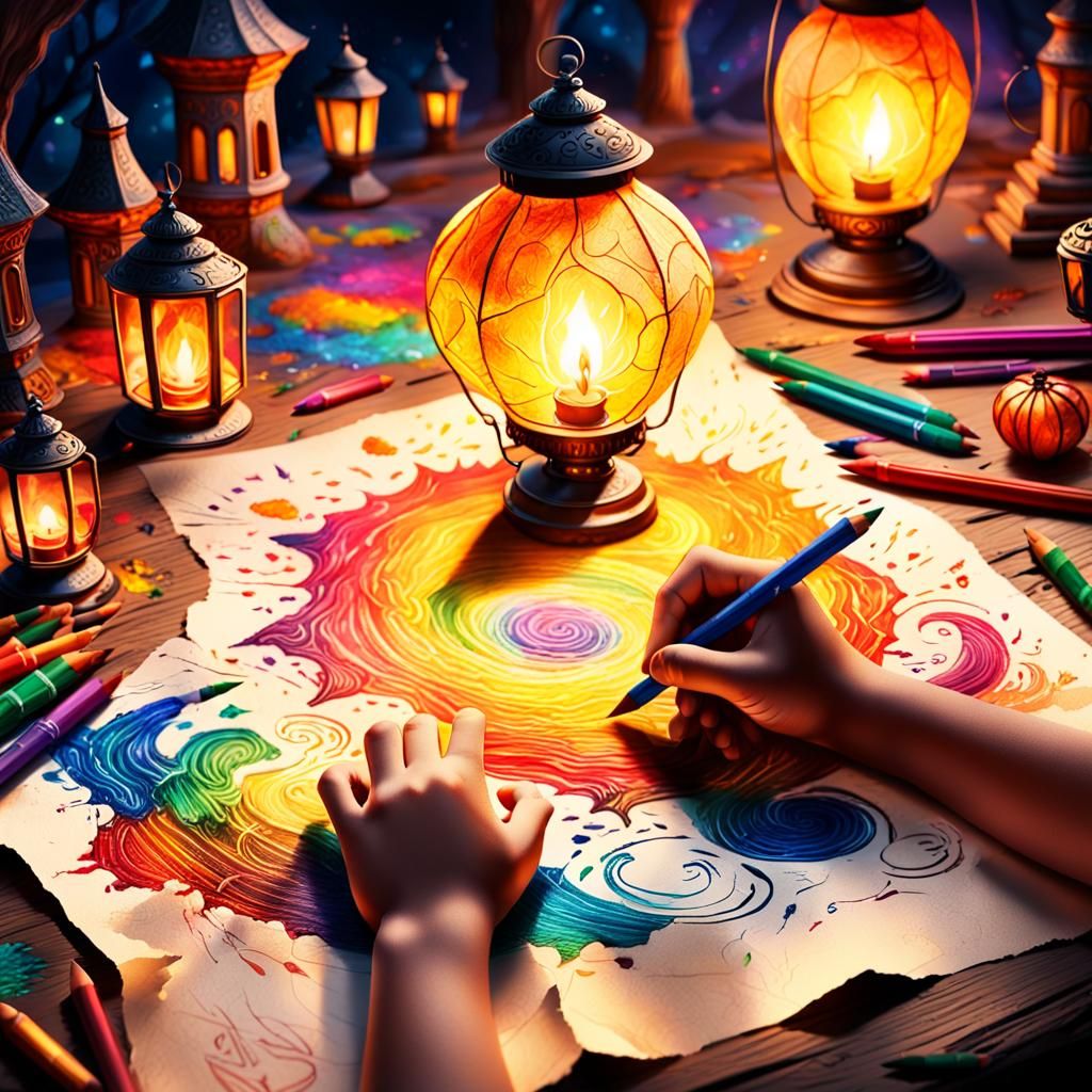 Child's Doodles Illuminated in a Fantasy Landscape