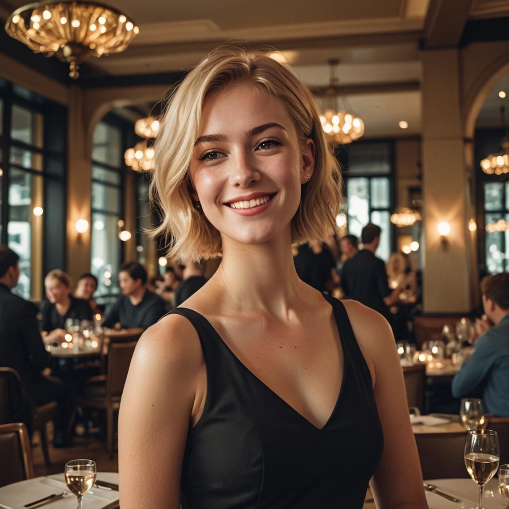 Woman in Black Dress in Restaurant, Atmospheric Lighting
