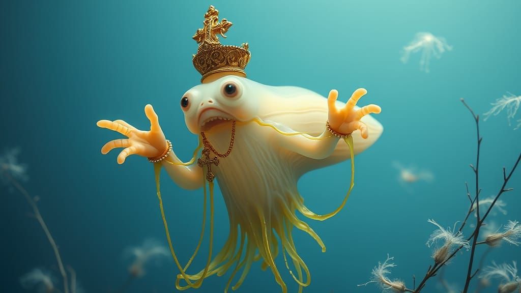 Regal Beige Sea Squirt in Papal Attire, Oozing Golden Slime