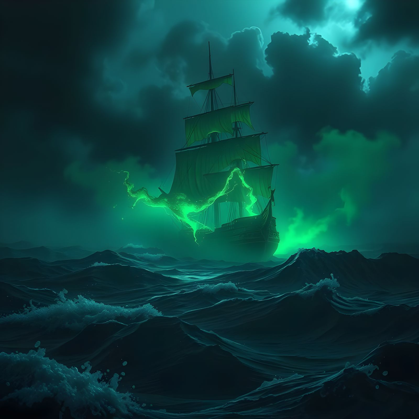 A ghostly pirate ship of green glowing fog sailing through the night sky ahead of an ocean storm