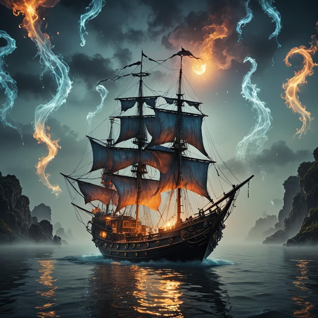 Glowing Ghostly Boat on Moonlit Waters