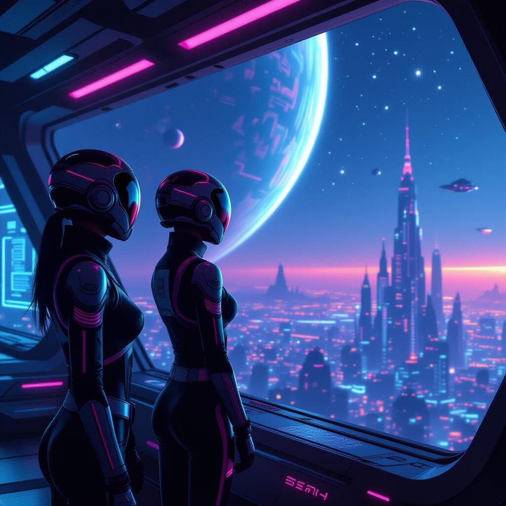 Alien Women Gaze at Earth from Space Station