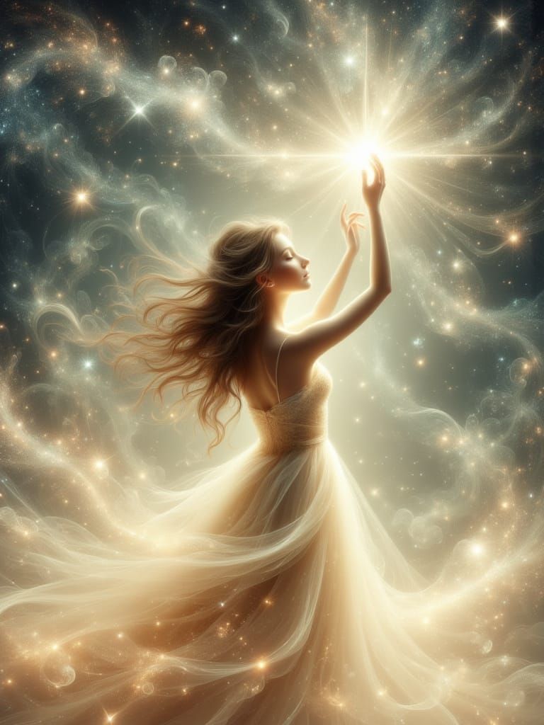 Woman Reaching for a Star in Ethereal Dreamscape