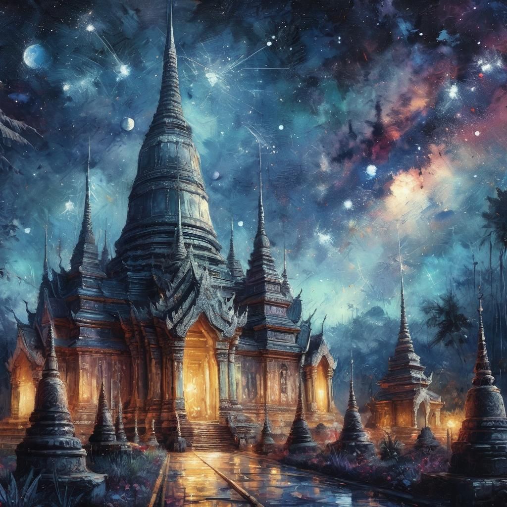 Thai Pagoda Under Starry Sky: Oil and Watercolor