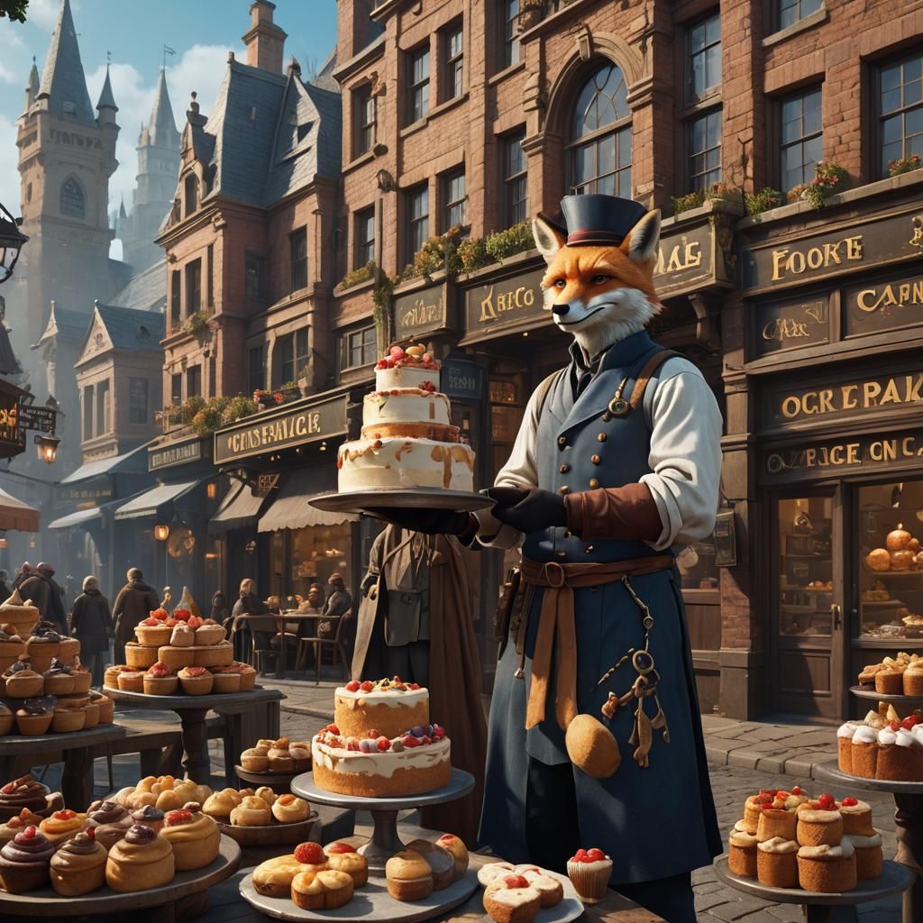 Fox Merchant Selling Cake: Detailed Matte Painting