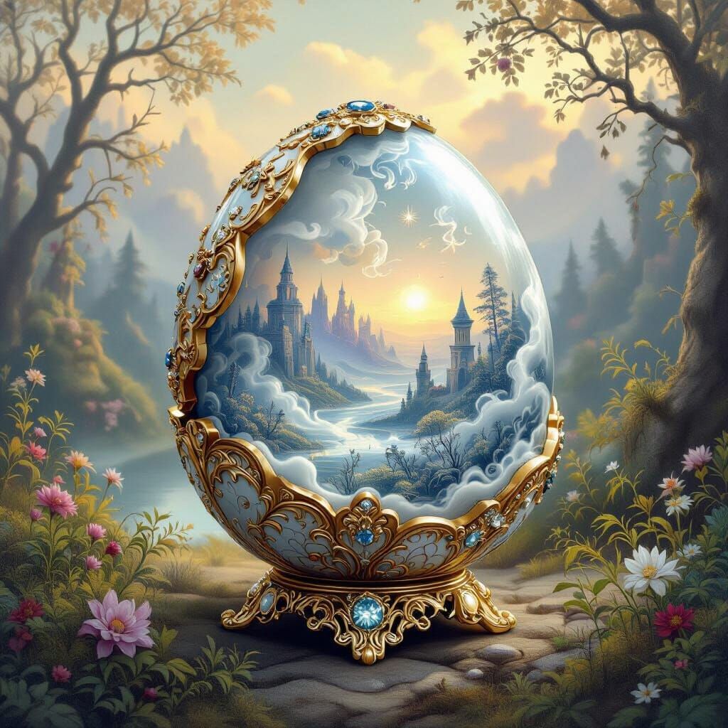 Ornate Faberge Egg in Dreamlike Landscape