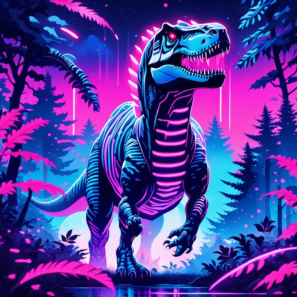 Neon T-Rex in Moonlit Synthwave Forest