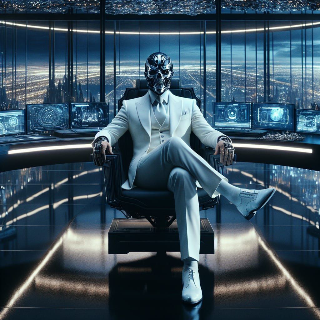 Cybernetic Crime Lord in Futuristic Office