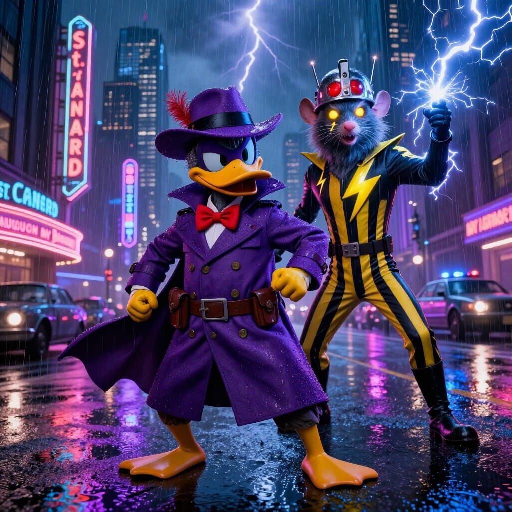 Darkwing Duck Confronts Megavolt in Art Deco City
