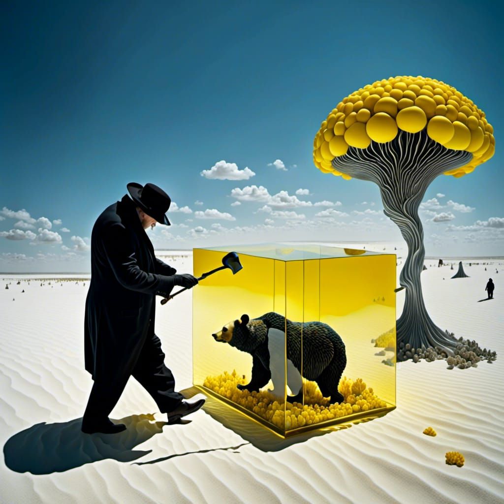 Bear in Glass Box with Bowler Hat Man