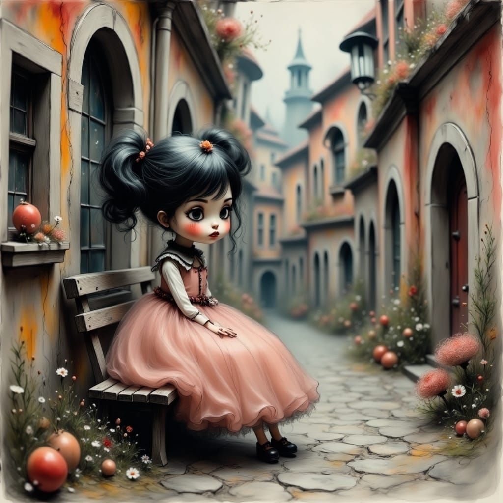 Whimsical Antique Doll in Distressed City Scene