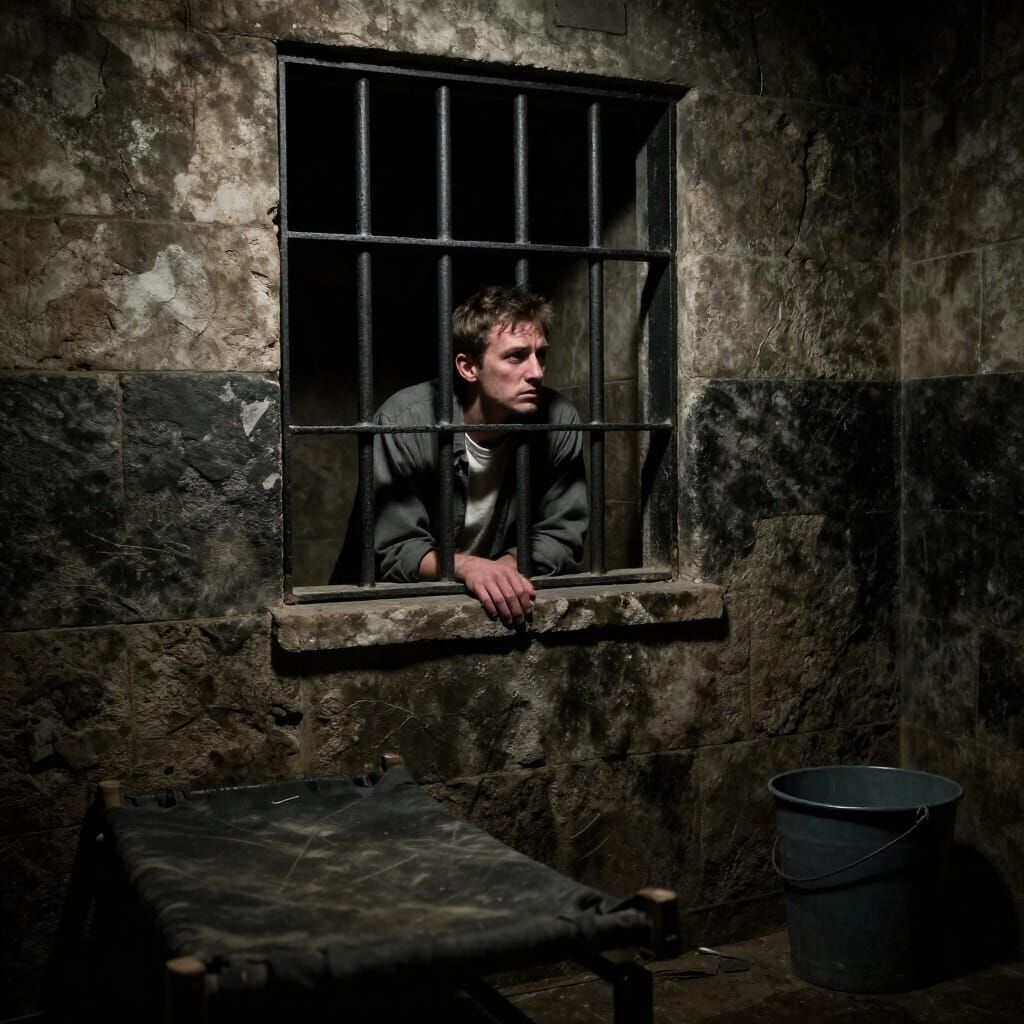Man's Despair in Dimly Lit Prison Cell