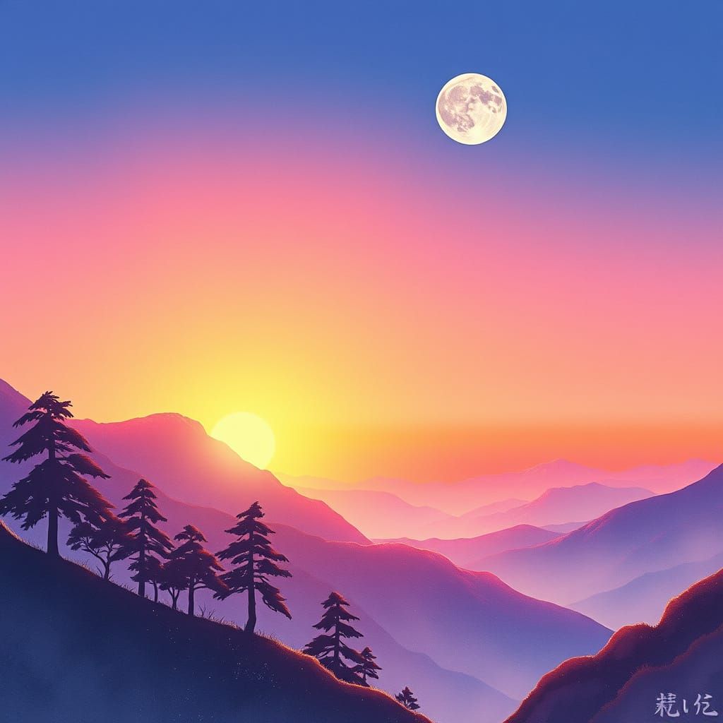 Majestic Mountain Sunset in Anime Style