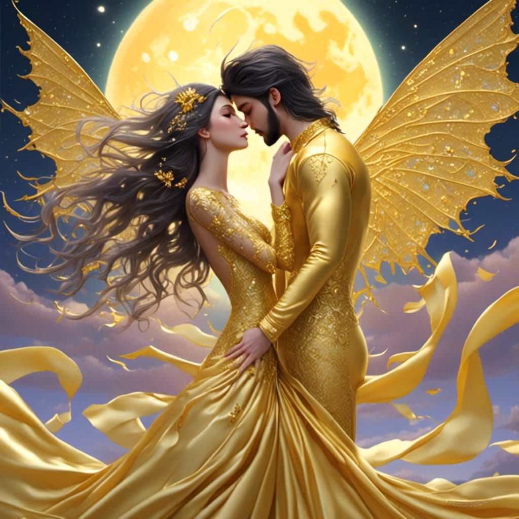 Dancing Couple Under Moonlight with Gold Accents