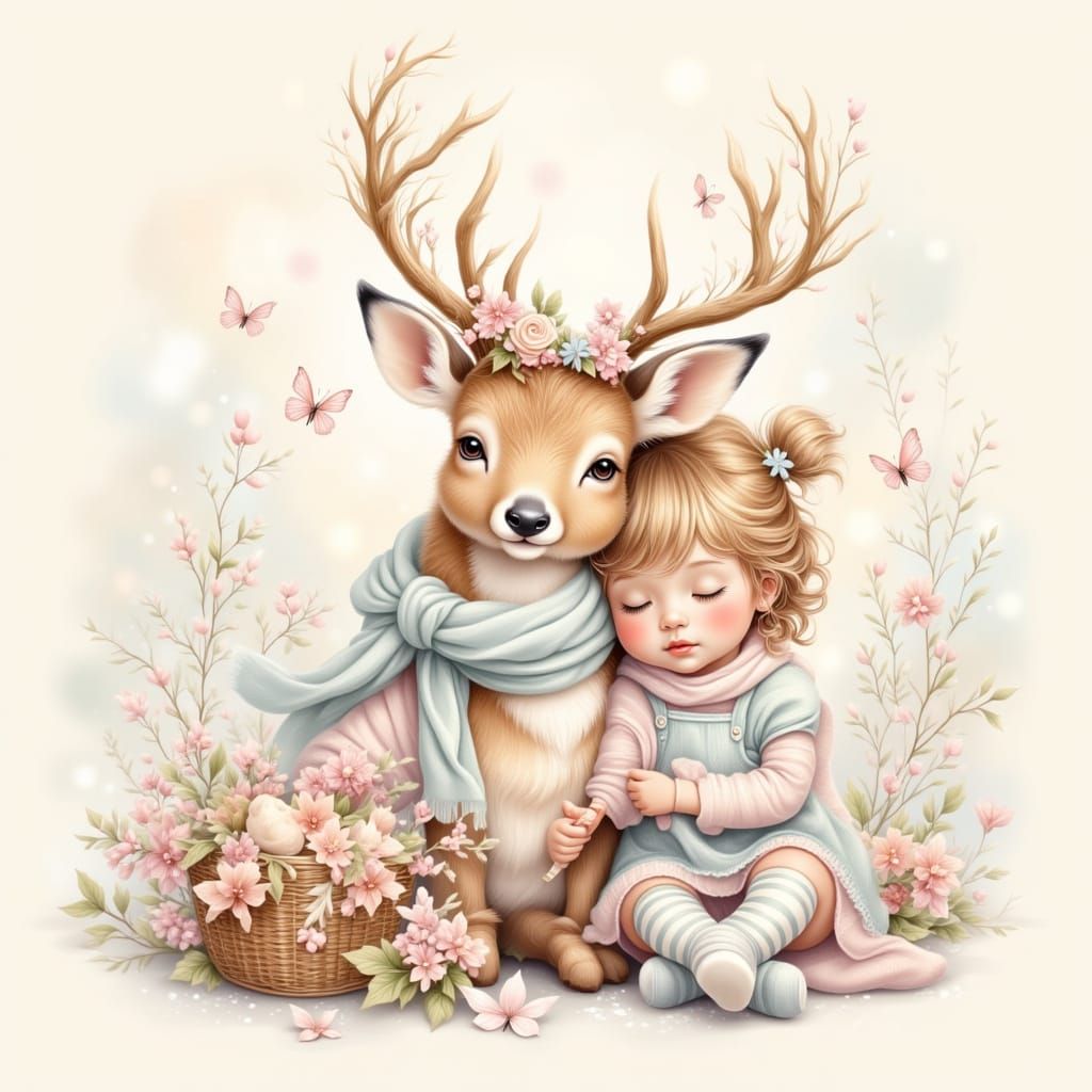 Child and Deer in Whimsical Winter Wonderland