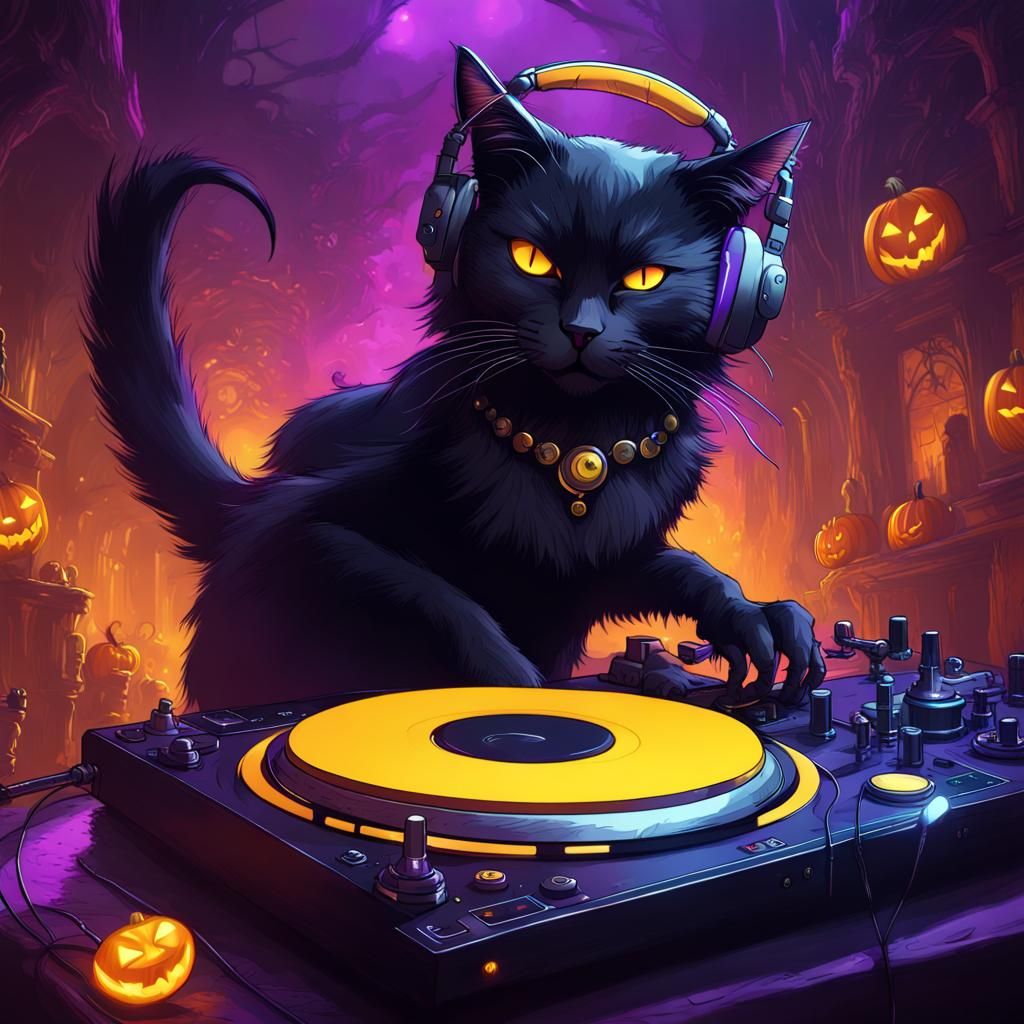 Black Cat DJ at Halloween Party: Dark Fantasy Art