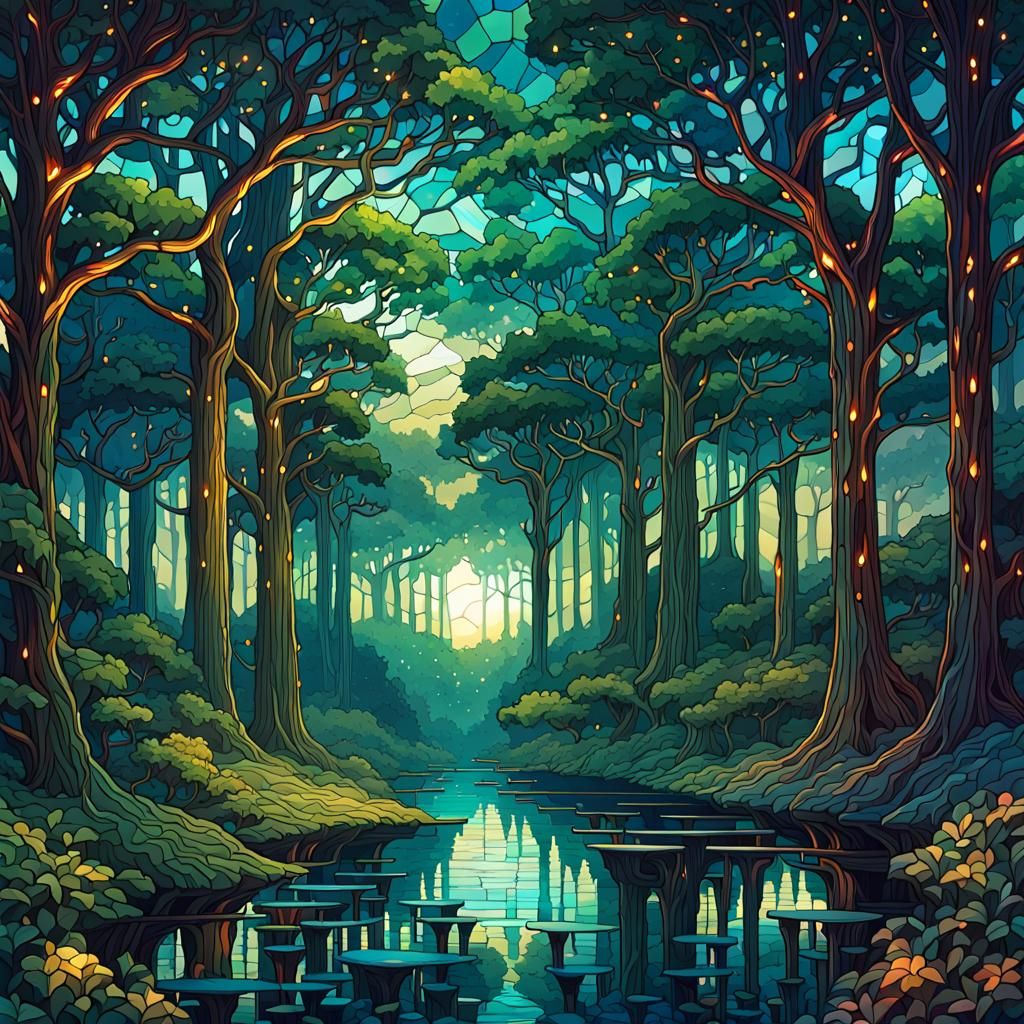 Stained Glass Forest Landscape in Digital Art Style