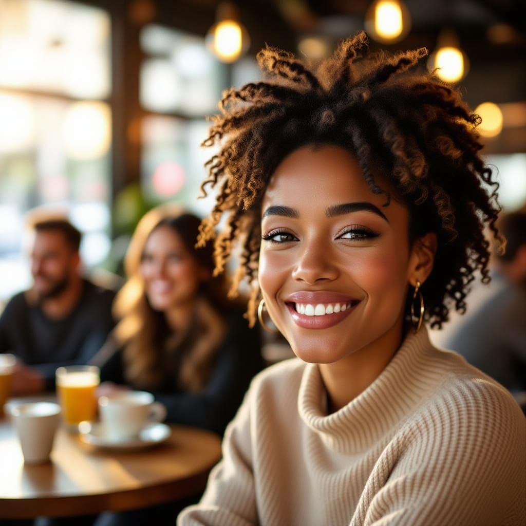 Joyful Portrait of Diverse Person in Bustling Cafe