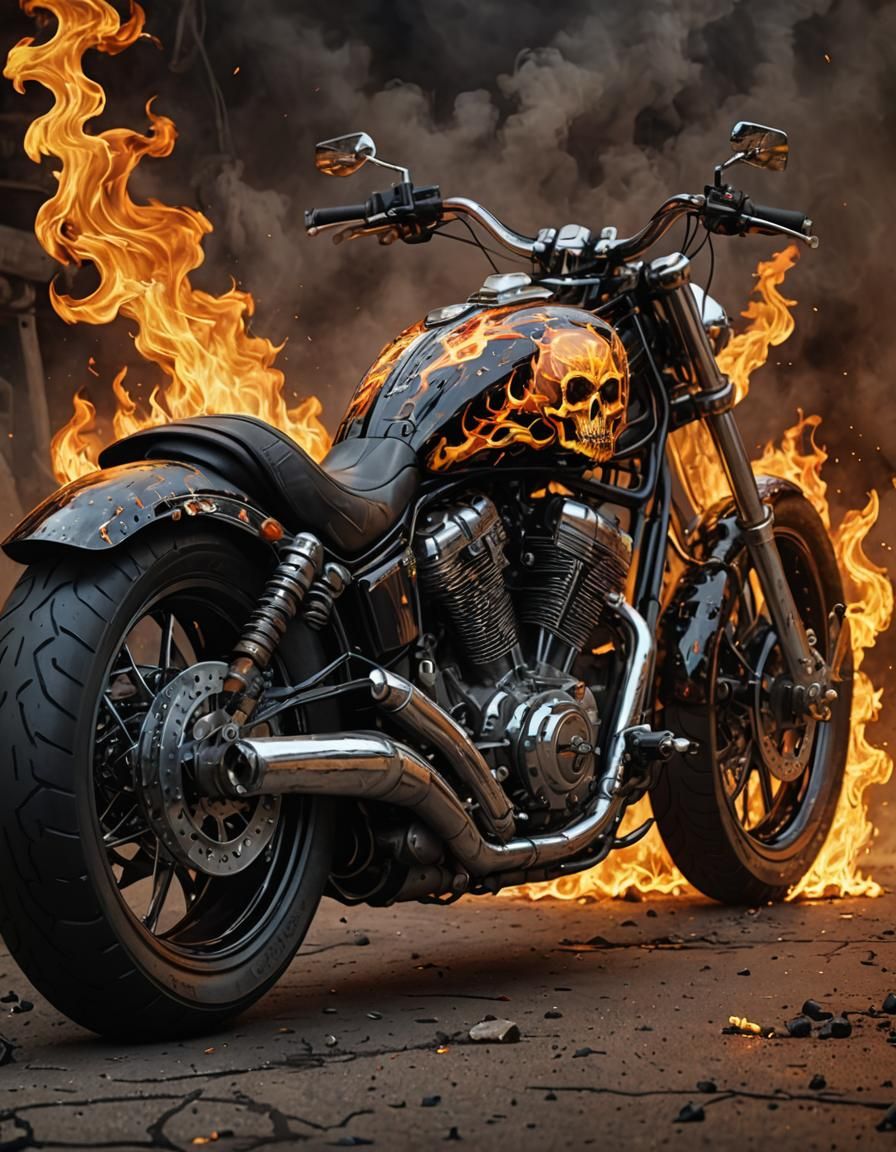 Flaming Skull Motorbike Digital Painting