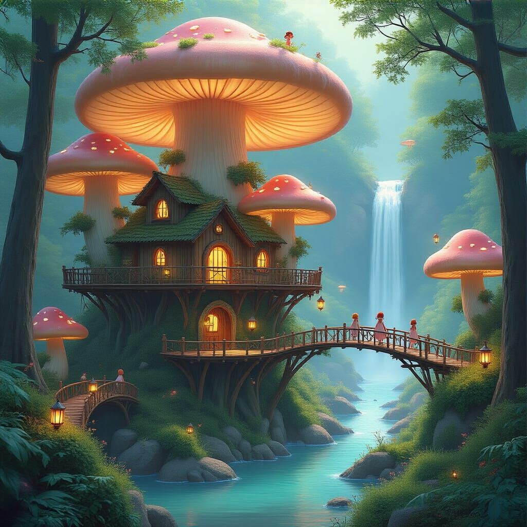 Enchanting Mushroom Treehouse Village with Fairy Bridges