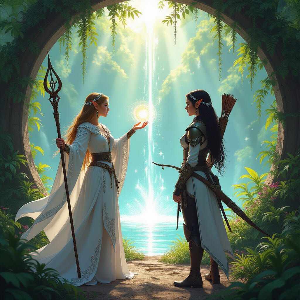 Elven Sisters Discover Portal in Sun-Dappled Glade