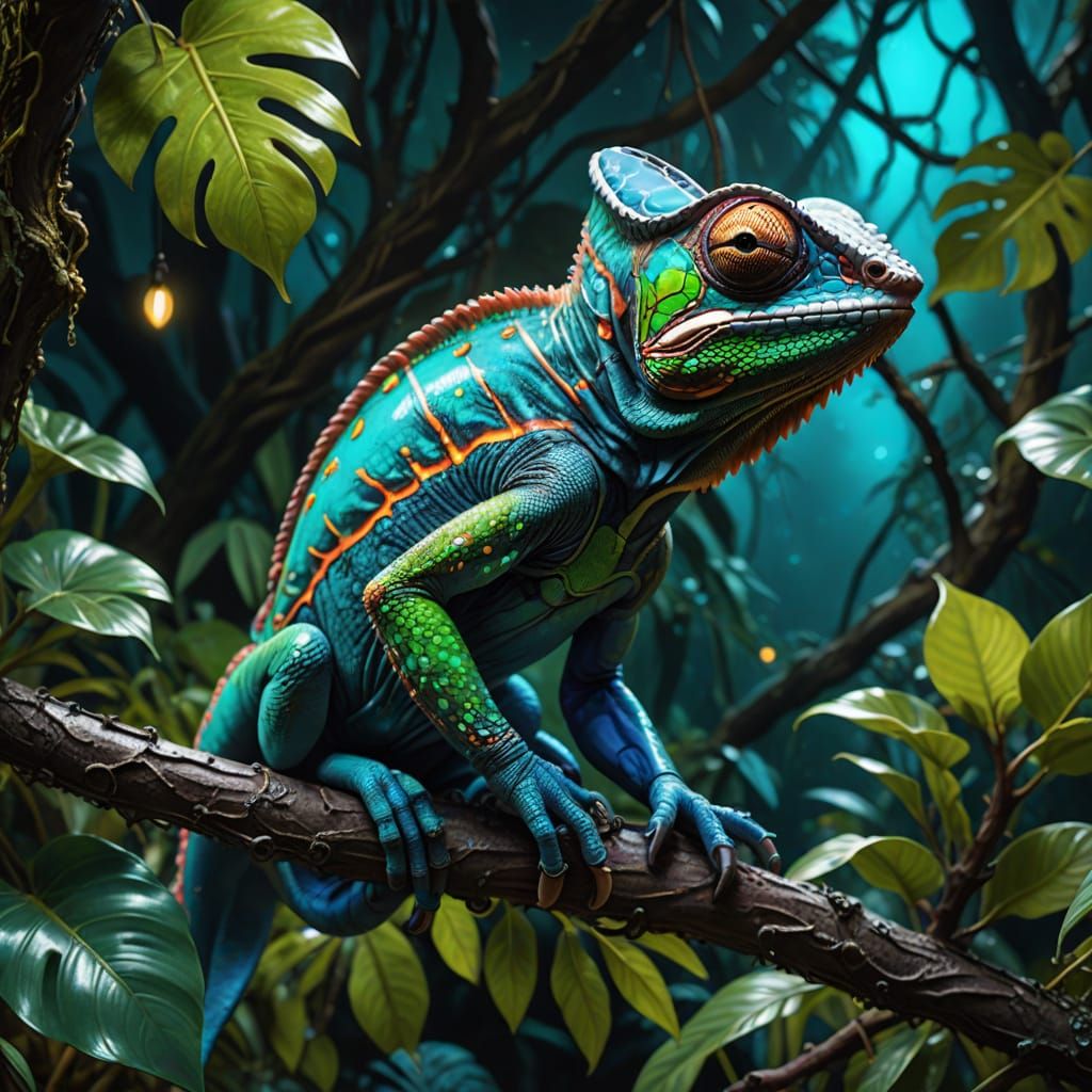 Bioluminescent Chameleon in Alien Jungle, Digital Painting
