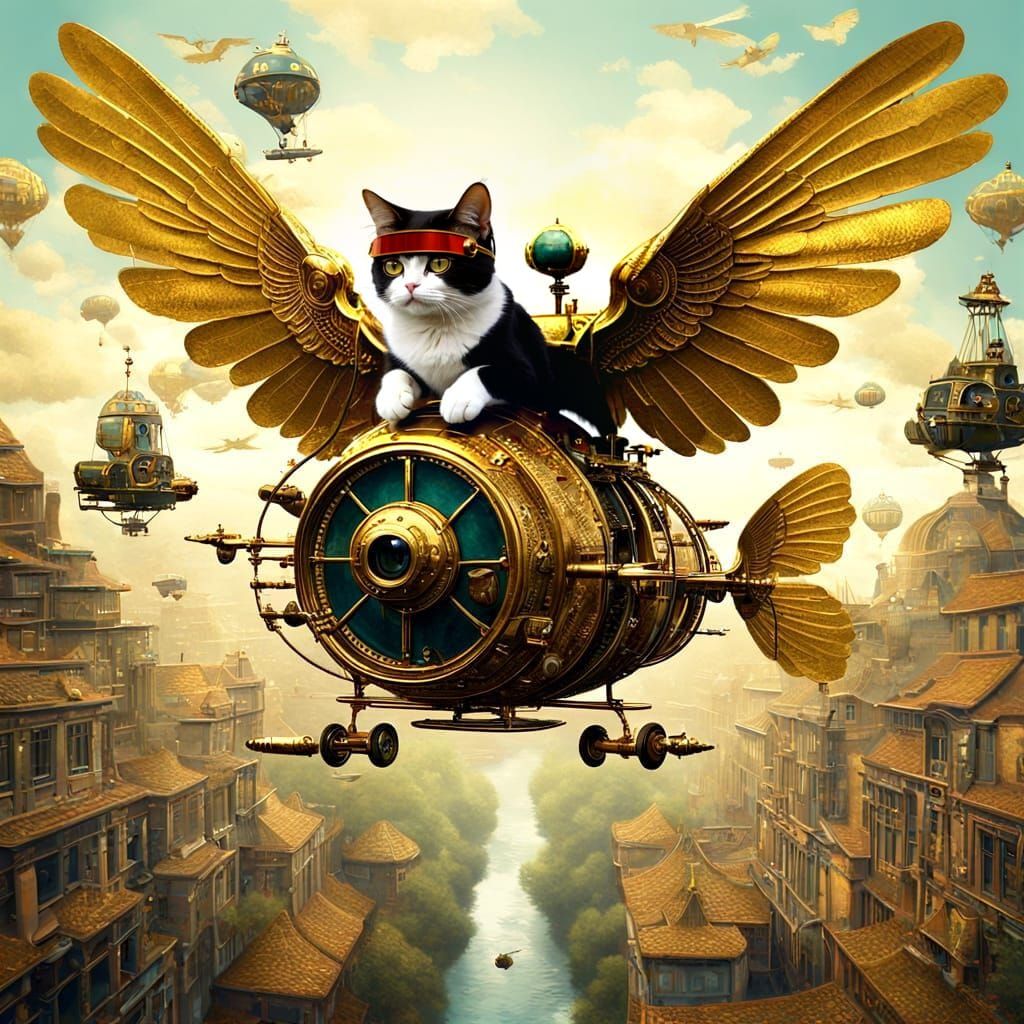Steampunk Cat Pilot in Dadaist Poster Art