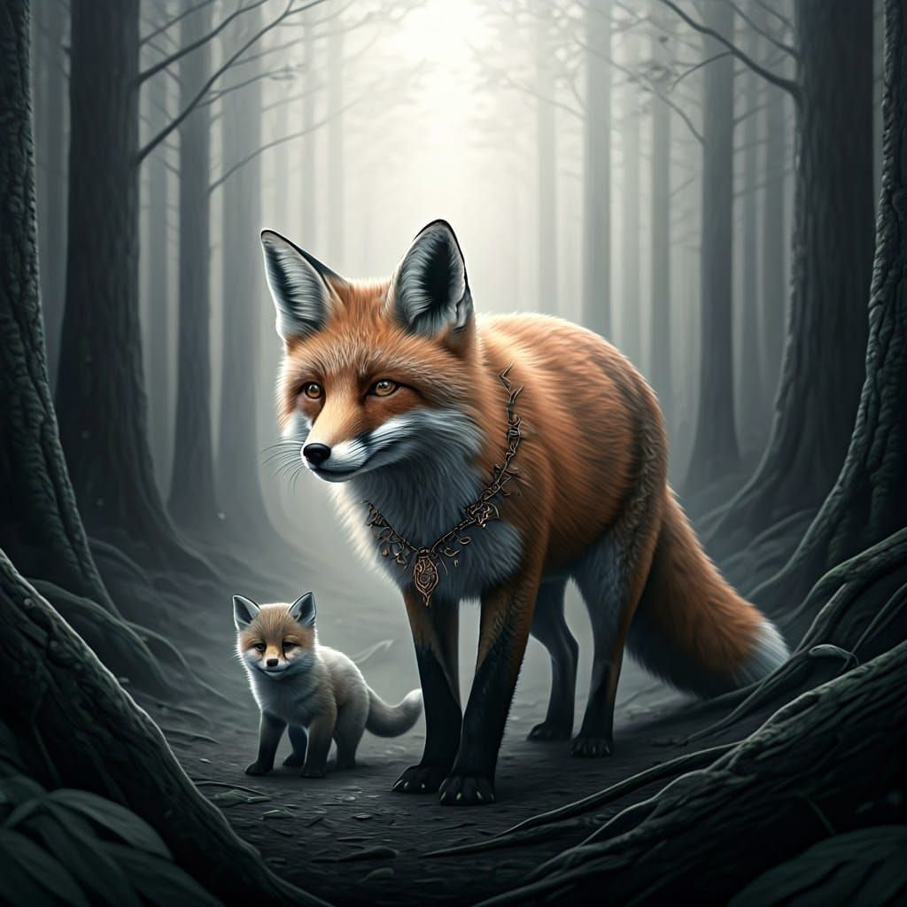 Fox Family in Misty Forest: 3D Charcoal Drawing