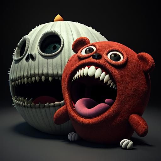Surreal Teeth Chomping Plush Heart in Claymation Style