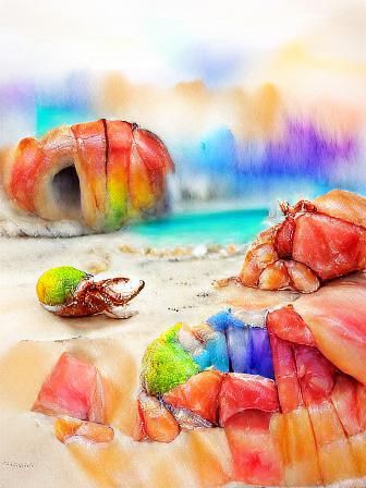 Hermit Crab on Colorful Beach in Watercolor