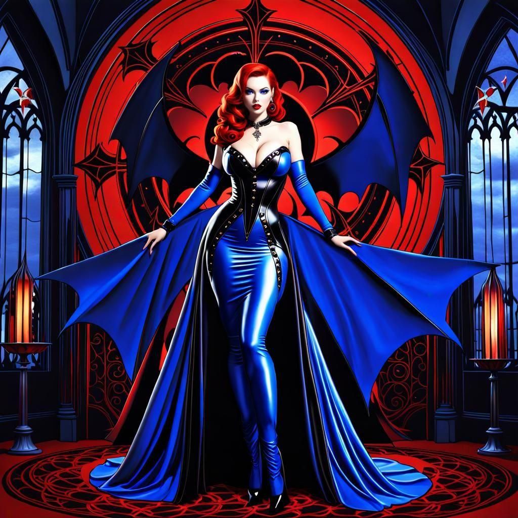 Gothic Vampire With Wings (Redhead & Navy Blue Dress)