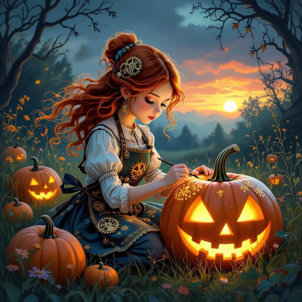 Steampunk Girl Paints Glowing Pumpkins in Enchanted Meadow