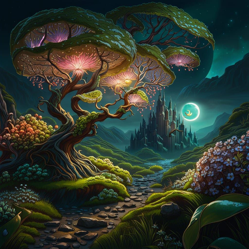 Enchanted Flower Meadow at Stormy Night, Digital Art