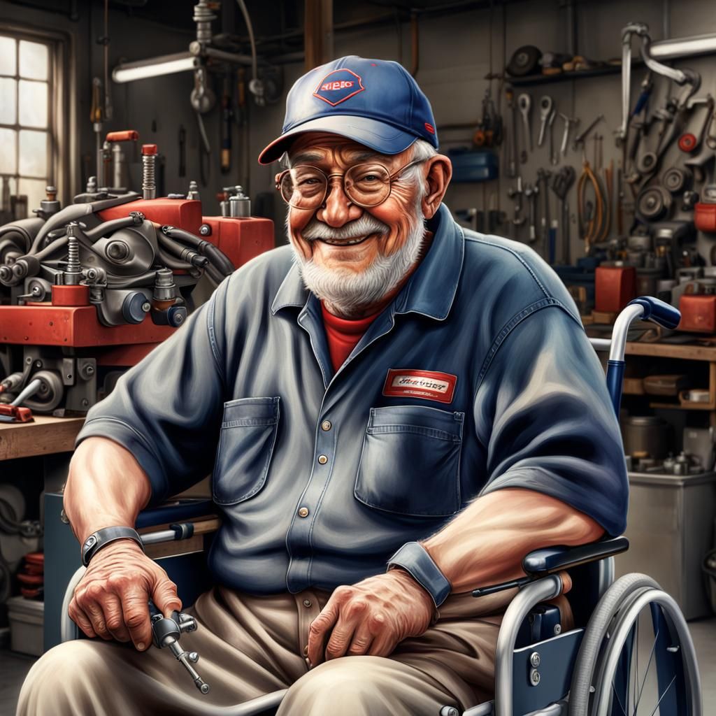Elderly Mechanic with Artificial Legs: Hyperrealistic Digita...