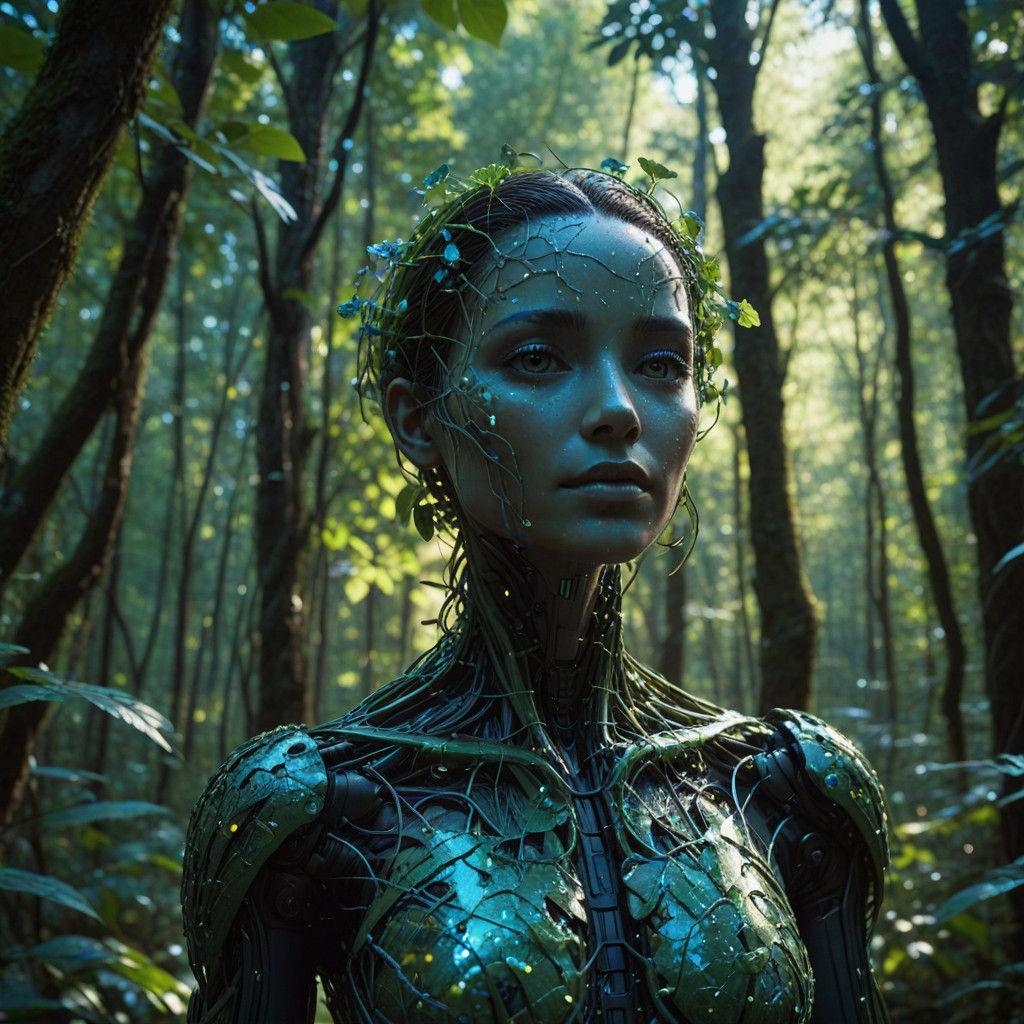 Humanoid AI in Lush Bio-Digital Forest