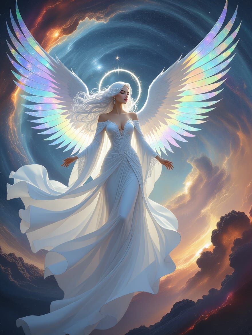 Ethereal Angel Woman Unfolds Cosmic Creation