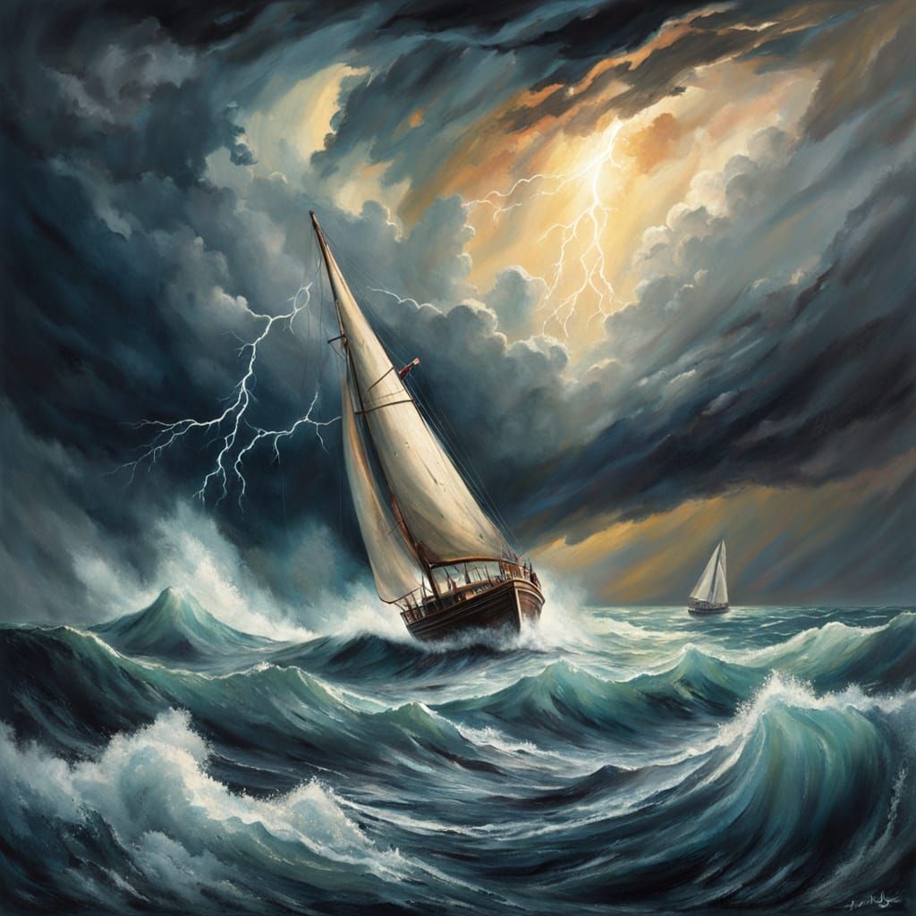 Sailboat Navigating Stormy Sea: An Acrylic Painting