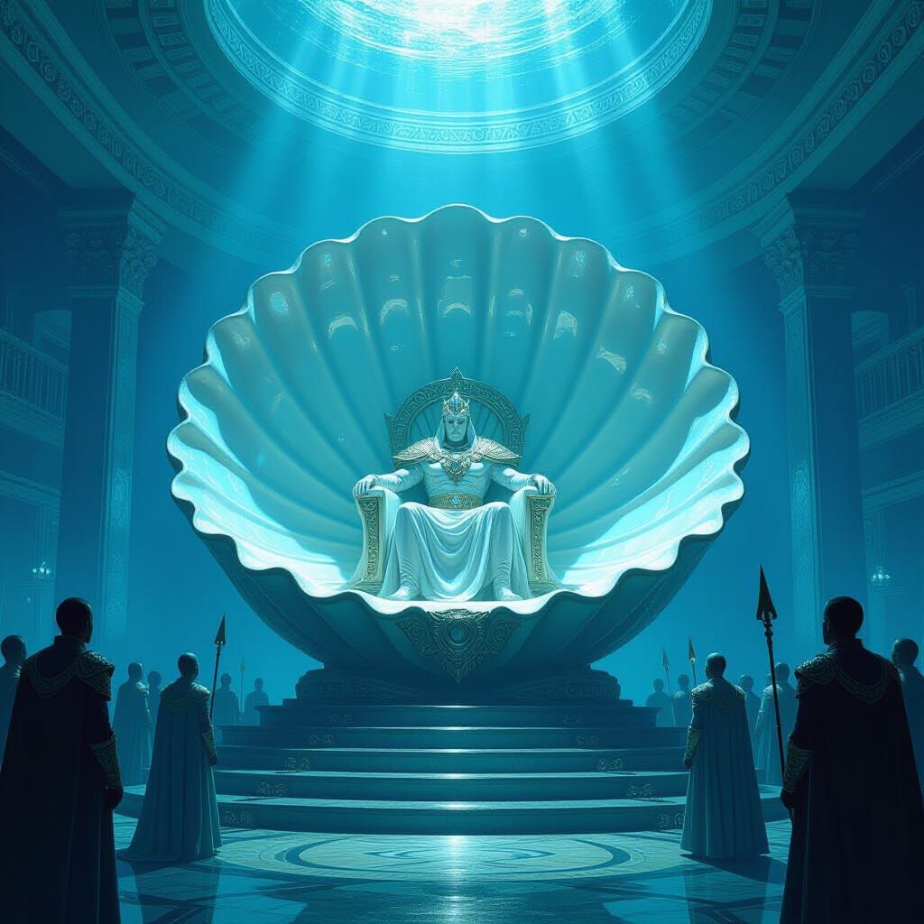 Atlantean King on Seashell Throne in Bio-Luminescent Style