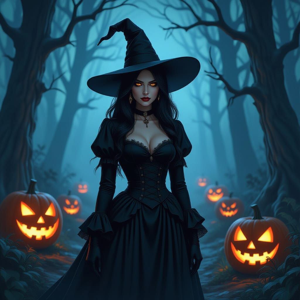 Halloween Witch in Haunted Forest, Gothic Horror Style