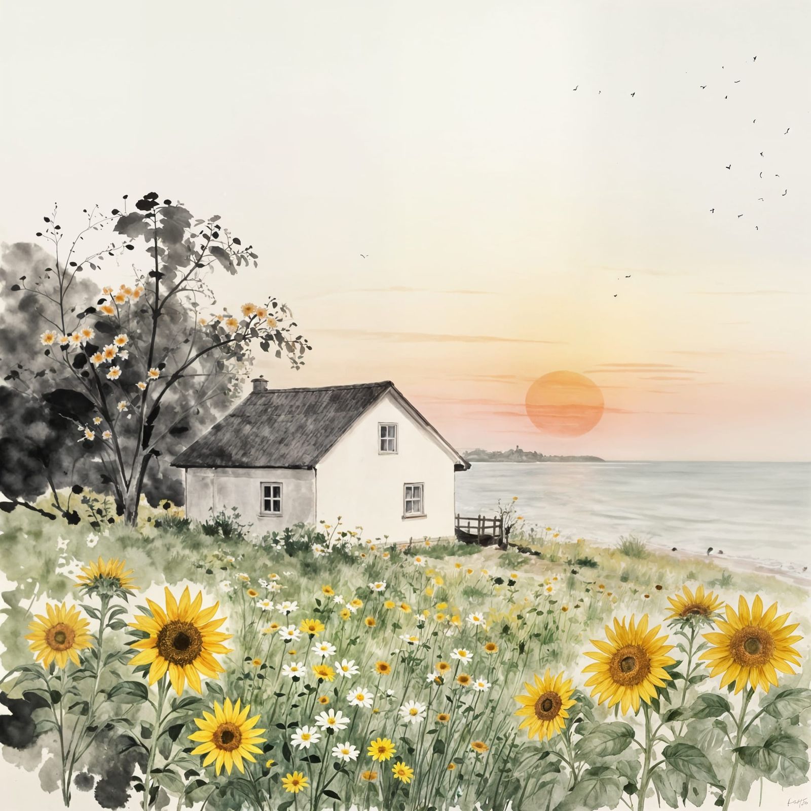 Seaside Cottage at Sunset in Ink Wash Style