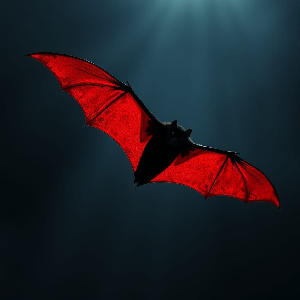 Bat in Flight with Red Wings, Dark Biomechanical Art