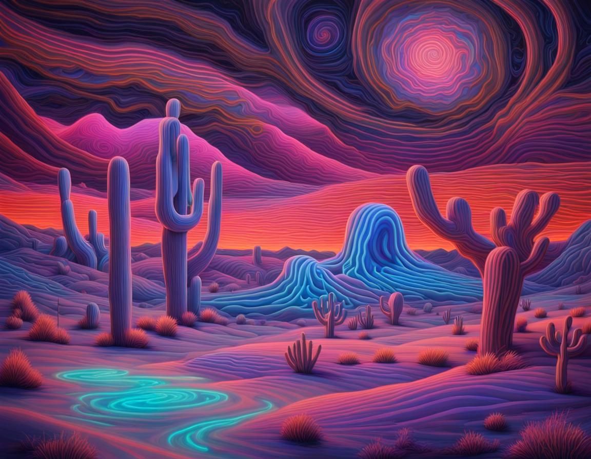 Holographic Neon Desert Camp Under Swirling Sky