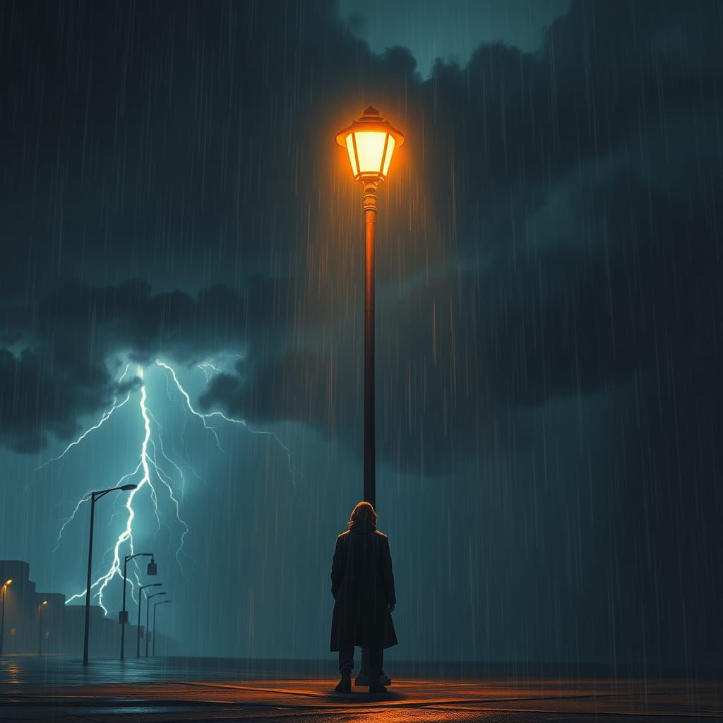 Noir Figure in Rainy Cyberpunk Streetscape