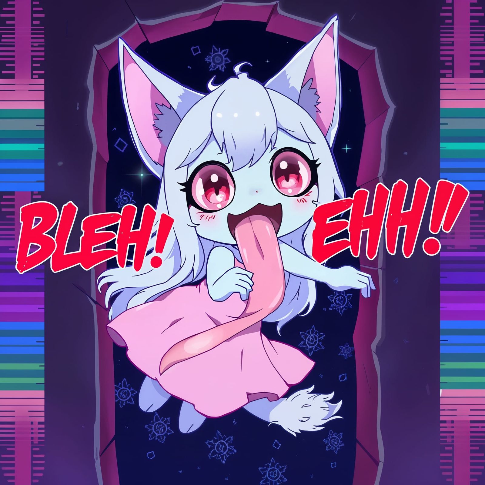 Ghostly Catgirl With Long Tongue in Synthwave Style