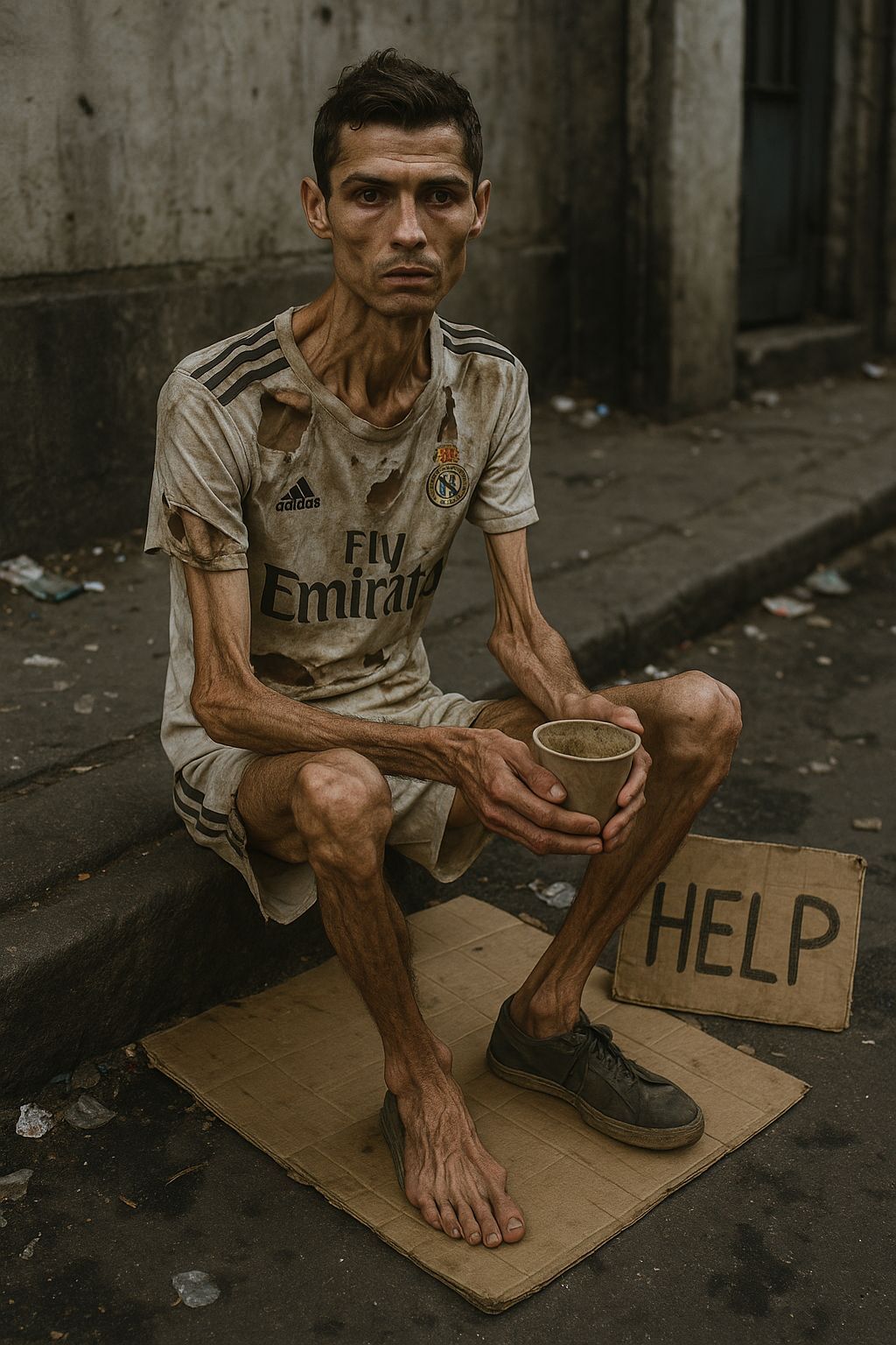 Distressed Figure Begging in a Dirty Street