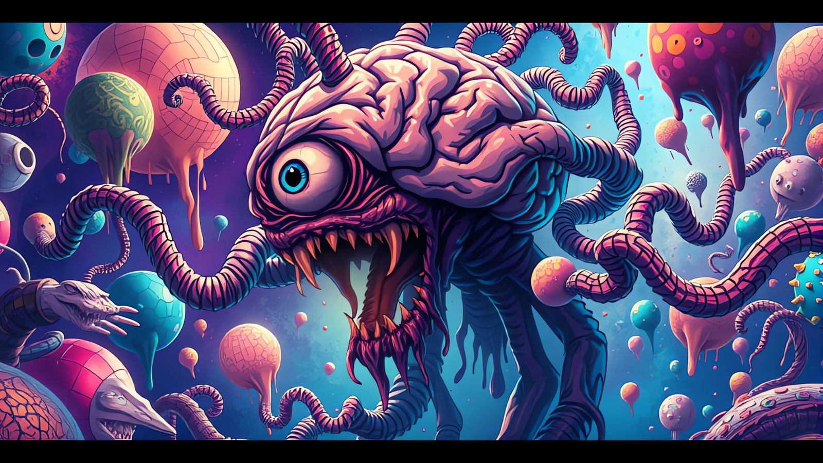 Grotesque, Psychedelic Monster in Cel-Shaded Anime Style