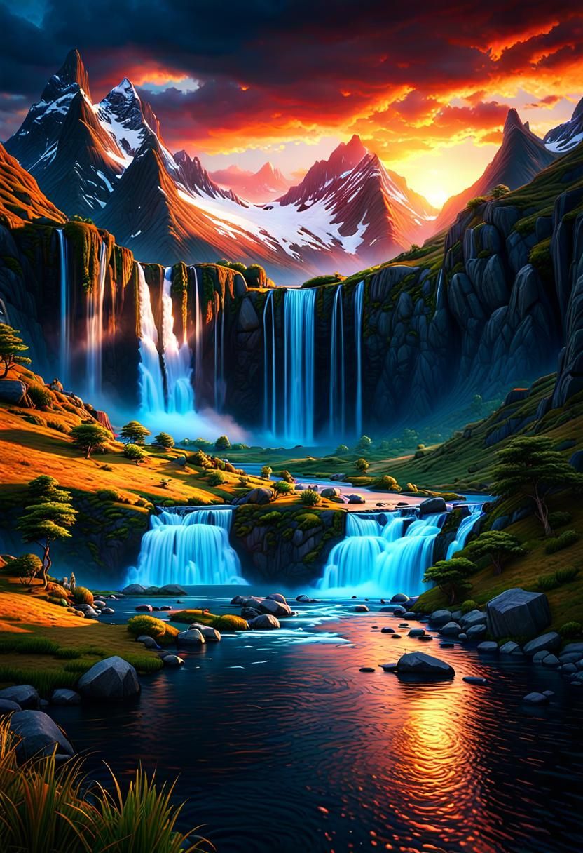 Dramatic Mountain Landscape with Waterfalls at Sunset