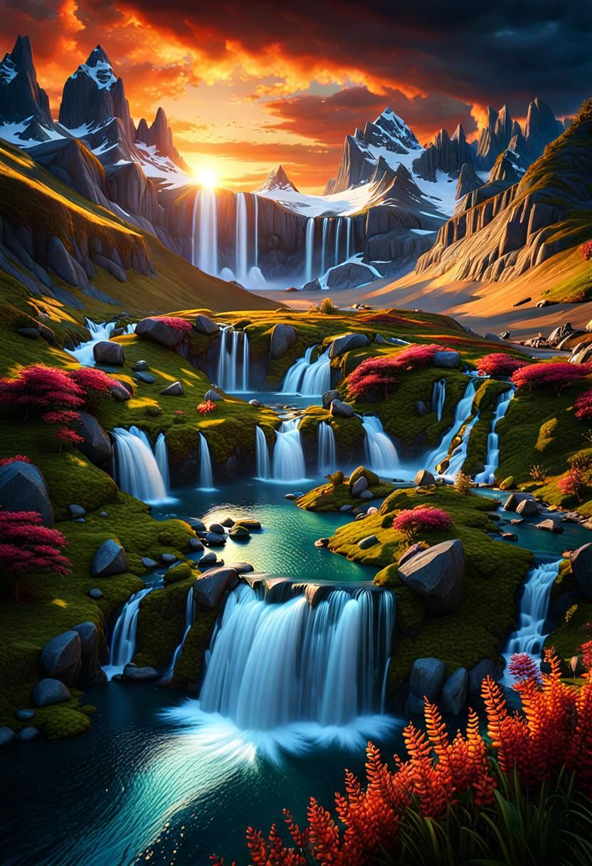 Dramatic Mountain Landscape with River at Sunset