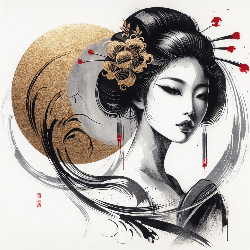 Monochrome Ink Painting of a Geisha with Gold Leaf